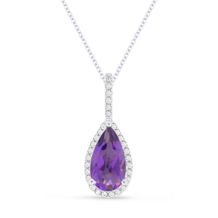 Beautiful Hand Crafted 14K White Gold 5X10MM Amethyst And Diamond Essentials Collection Pendant