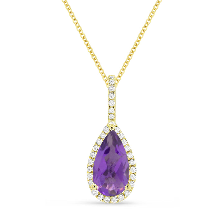 Beautiful Hand Crafted 14K Yellow Gold 5X10MM Amethyst And Diamond Essentials Collection Pendant