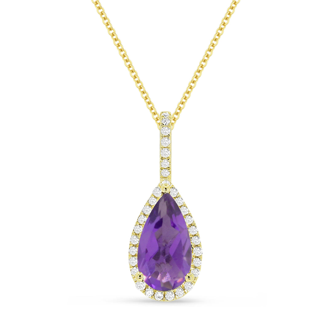 Beautiful Hand Crafted 14K Yellow Gold 5x10MM Amethyst And Diamond Essentials Collection Pendant