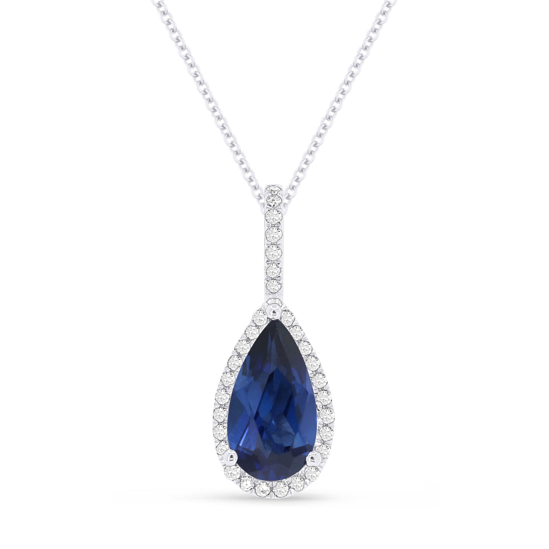 Beautiful Hand Crafted 14K White Gold 5X10MM Created Sapphire And Diamond Essentials Collection Pendant