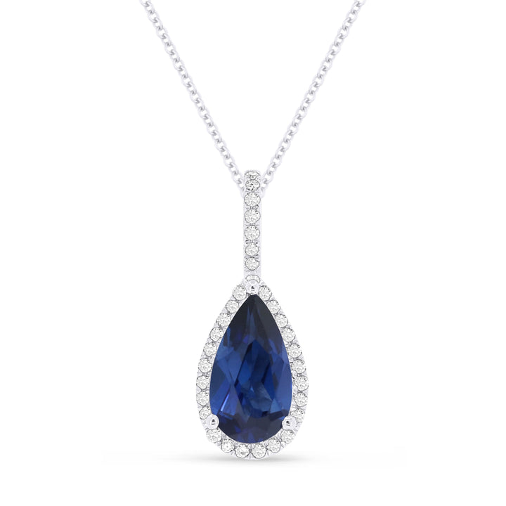Beautiful Hand Crafted 14K White Gold 5x10MM Created Sapphire And Diamond Essentials Collection Pendant