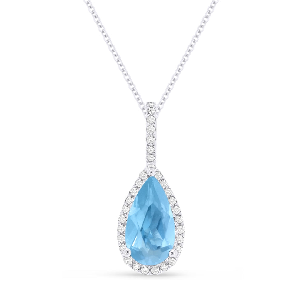 Beautiful Hand Crafted 14K White Gold 5X10MM Blue Topaz And Diamond Essentials Collection Pendant