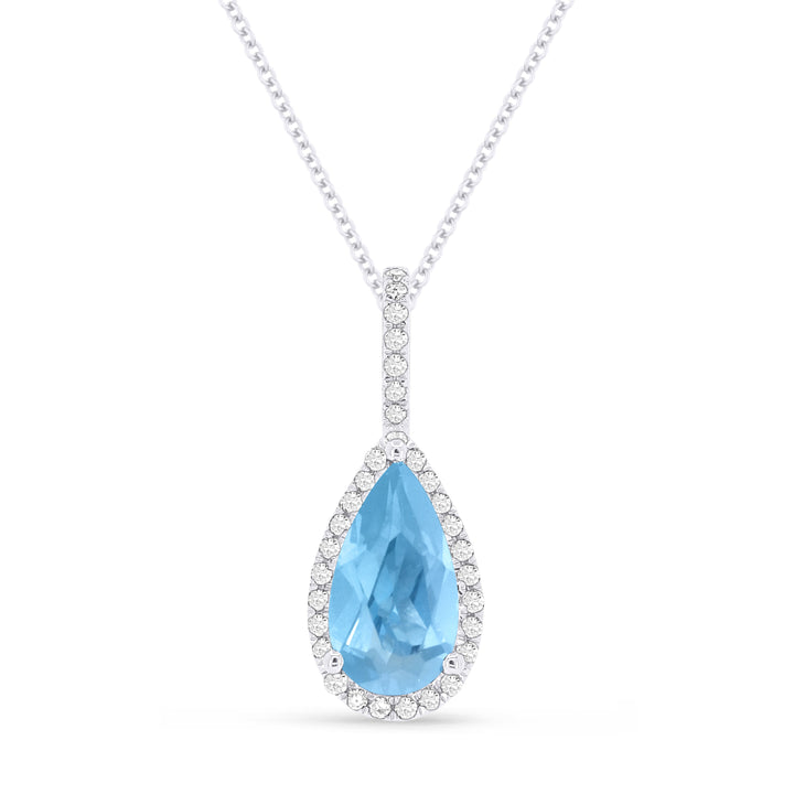 Beautiful Hand Crafted 14K White Gold 5x10MM Blue Topaz And Diamond Essentials Collection Pendant