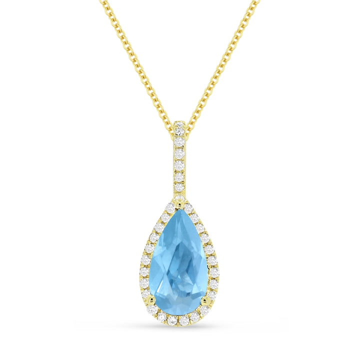 Beautiful Hand Crafted 14K Yellow Gold 5X10MM Blue Topaz And Diamond Essentials Collection Pendant