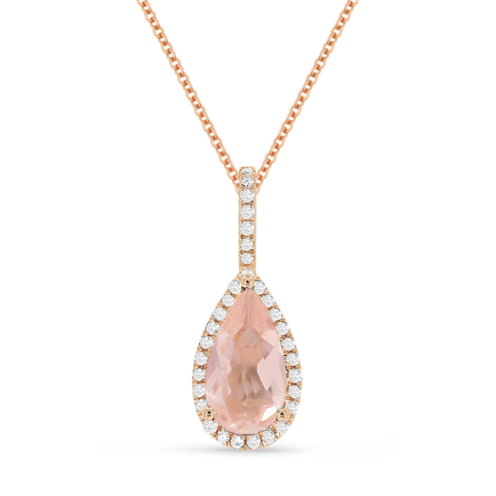 Beautiful Hand Crafted 14K Rose Gold 5X10MM Created Morganite And Diamond Essentials Collection Pendant