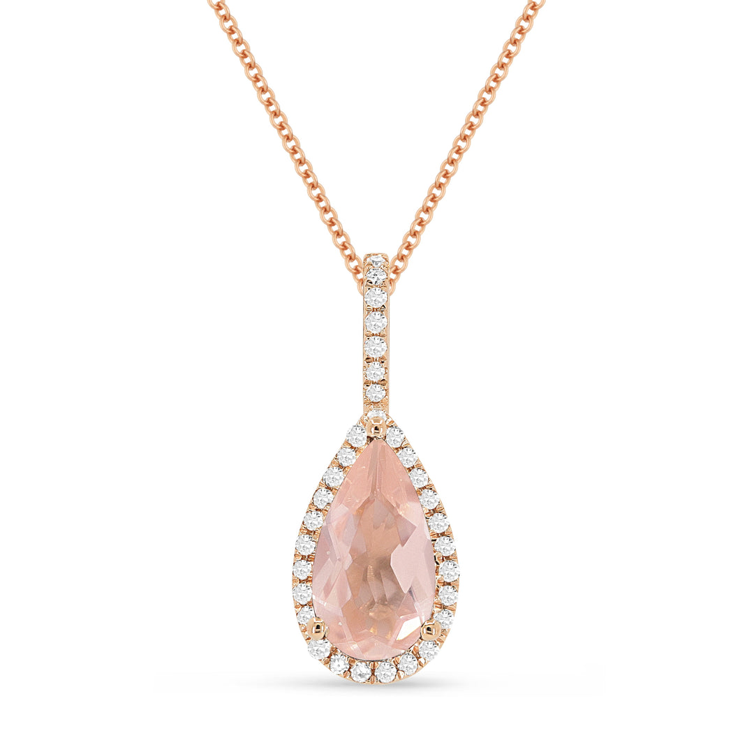 Beautiful Hand Crafted 14K Rose Gold 5X10MM Created Morganite And Diamond Essentials Collection Pendant