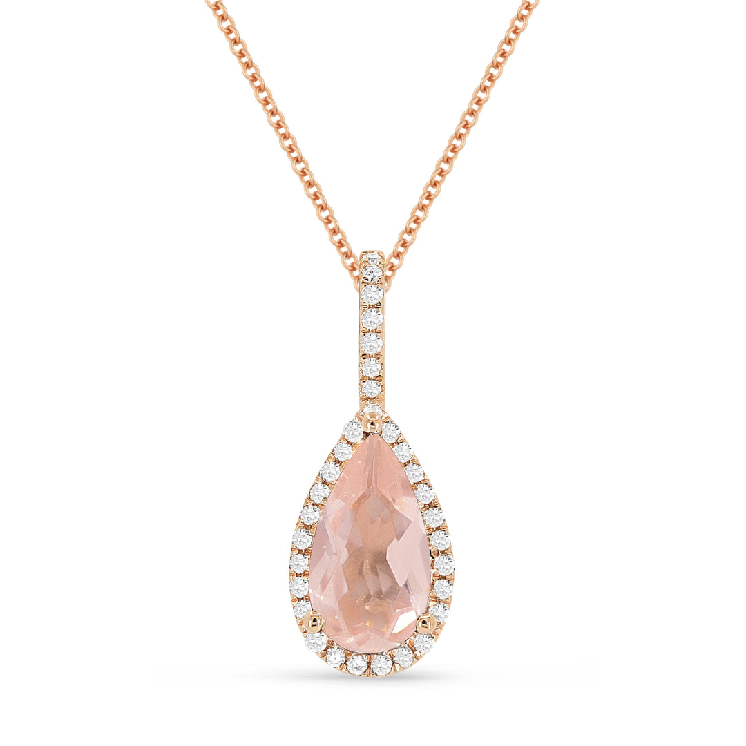 Beautiful Hand Crafted 14K Rose Gold 5x10MM Created Morganite And Diamond Essentials Collection Pendant