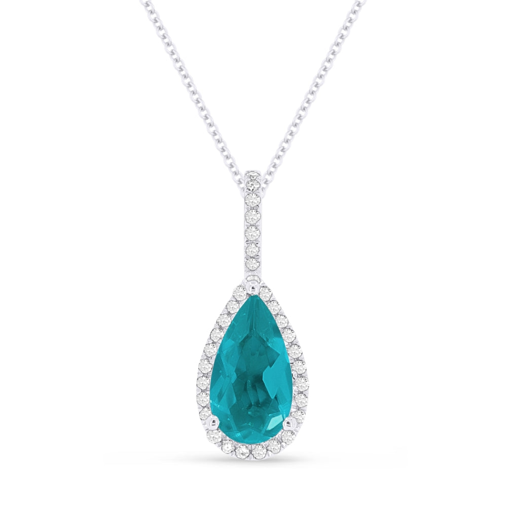 Beautiful Hand Crafted 14K White Gold 5X10MM Created Tourmaline Paraiba And Diamond Essentials Collection Pendant