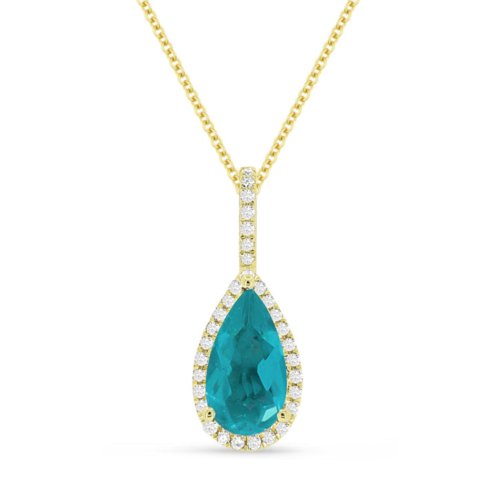 Beautiful Hand Crafted 14K Yellow Gold 5x10MM Created Tourmaline Paraiba And Diamond Essentials Collection Pendant