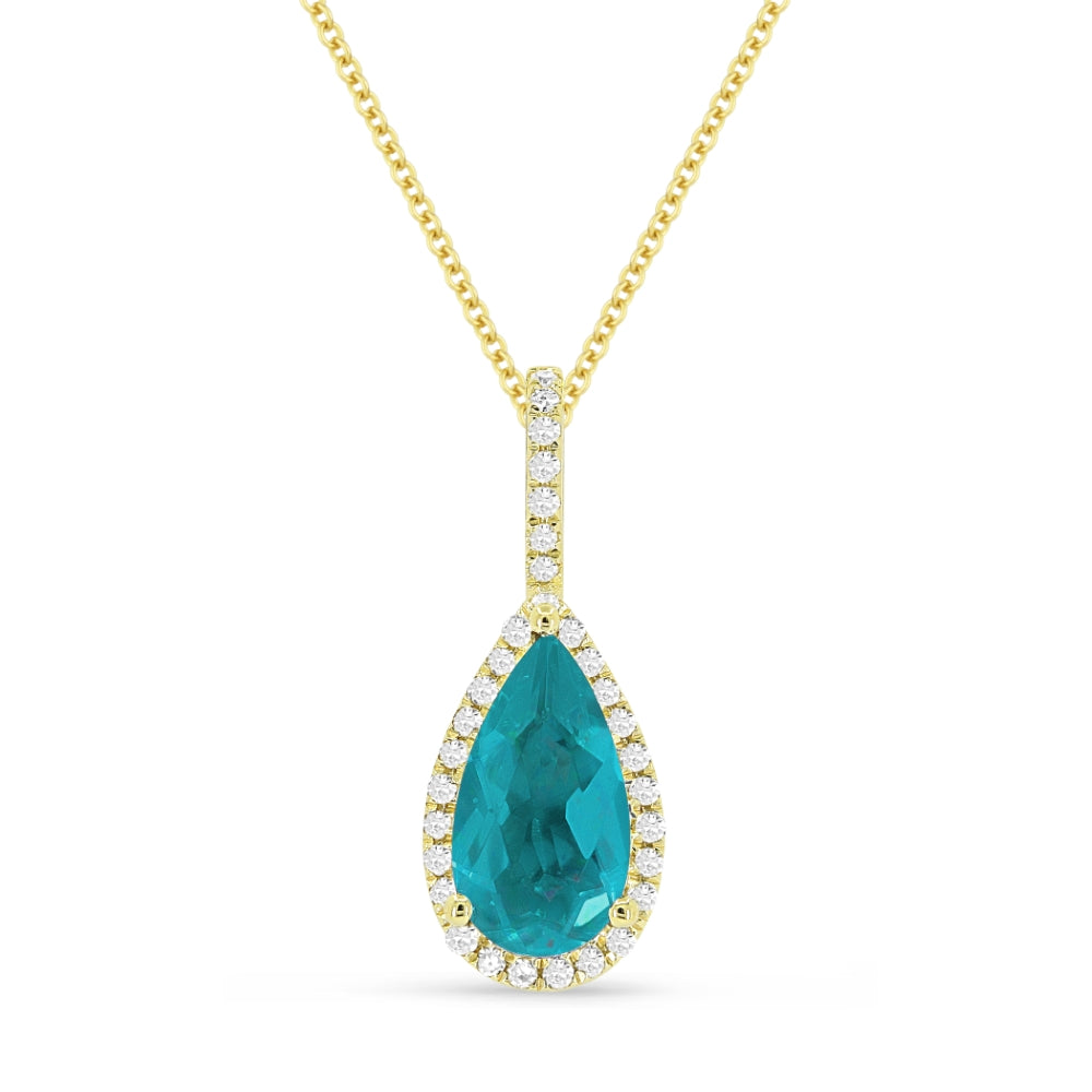 Beautiful Hand Crafted 14K Yellow Gold 5X10MM Created Tourmaline Paraiba And Diamond Essentials Collection Pendant