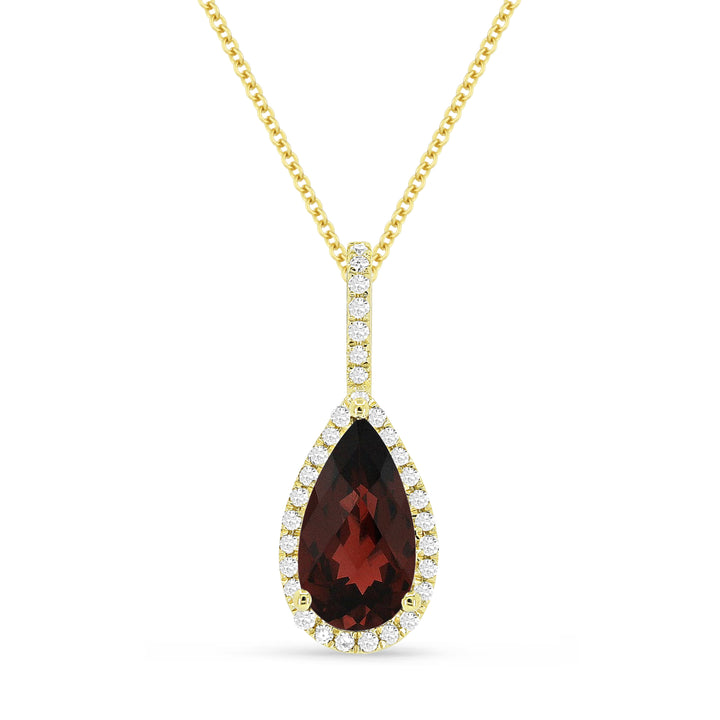 Beautiful Hand Crafted 14K Yellow Gold 5X10MM Garnet And Diamond Essentials Collection Pendant