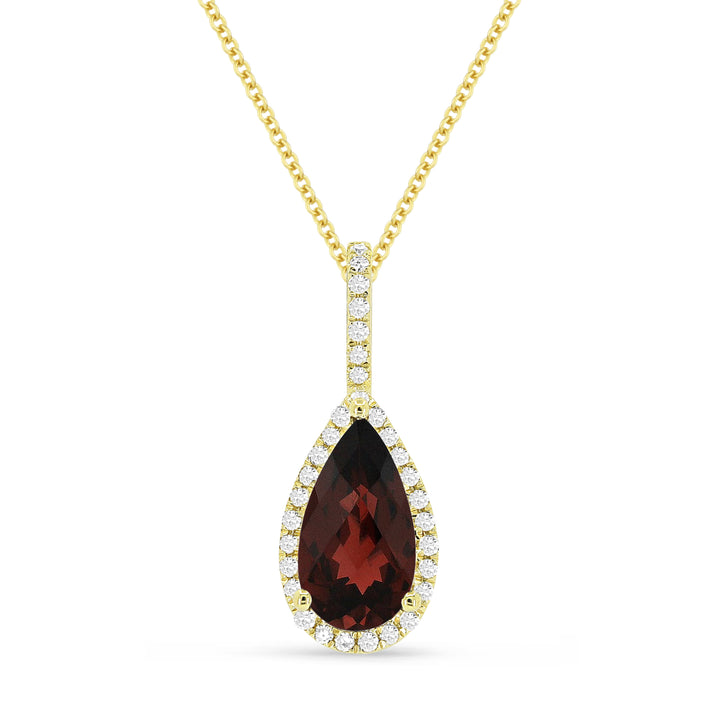 Beautiful Hand Crafted 14K Yellow Gold 5x10MM Garnet And Diamond Essentials Collection Pendant