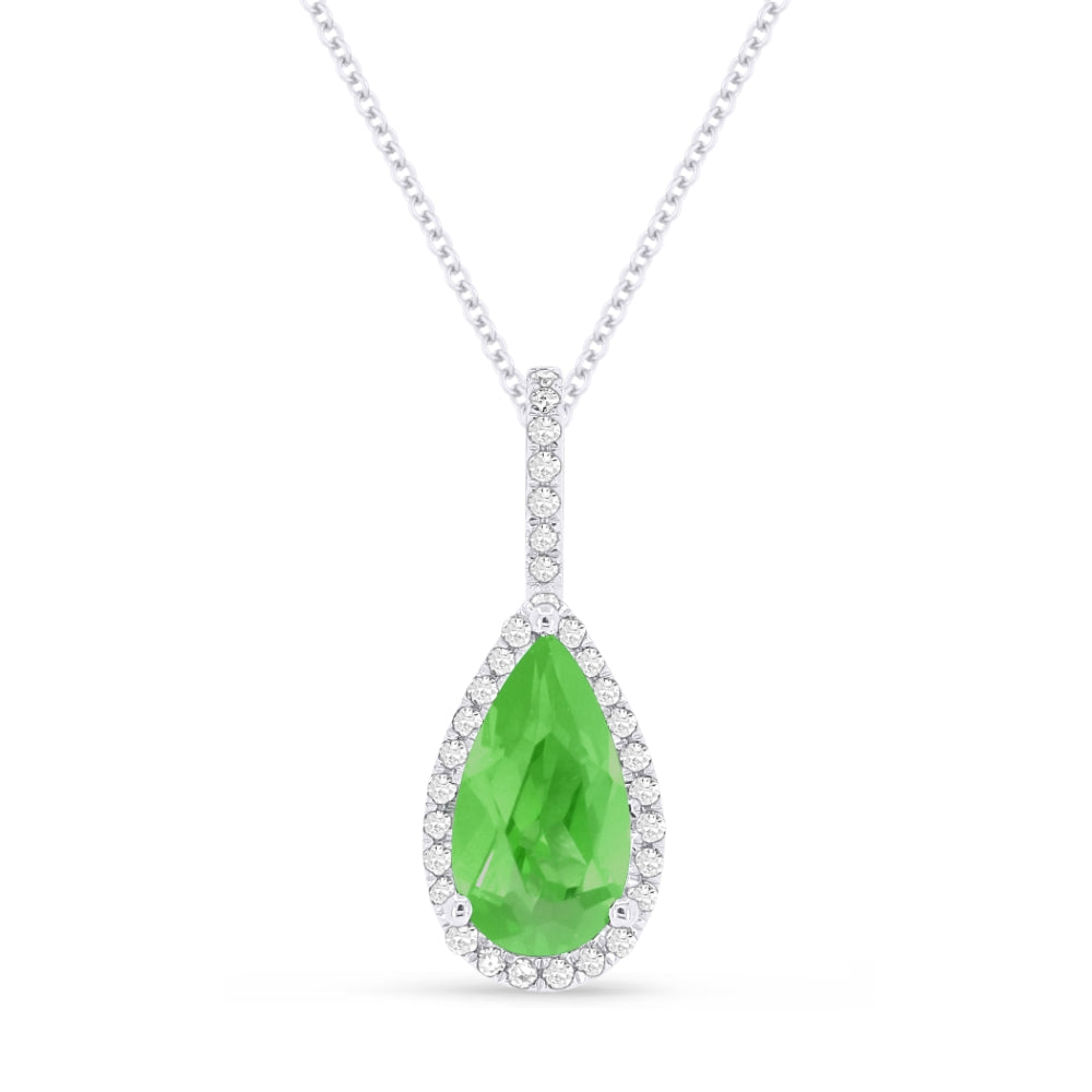 Beautiful Hand Crafted 14K White Gold 5X10MM Created Emerald And Diamond Essentials Collection Pendant