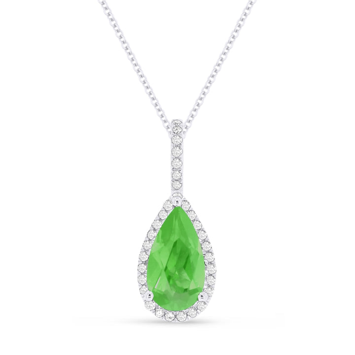 Beautiful Hand Crafted 14K White Gold 5X10MM Created Emerald And Diamond Essentials Collection Pendant