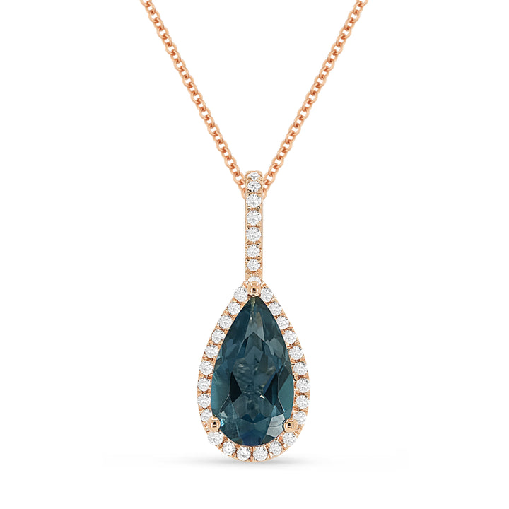 Beautiful Hand Crafted 14K Rose Gold 5x10MM London Blue Topaz And Diamond Essentials Collection Pendant
