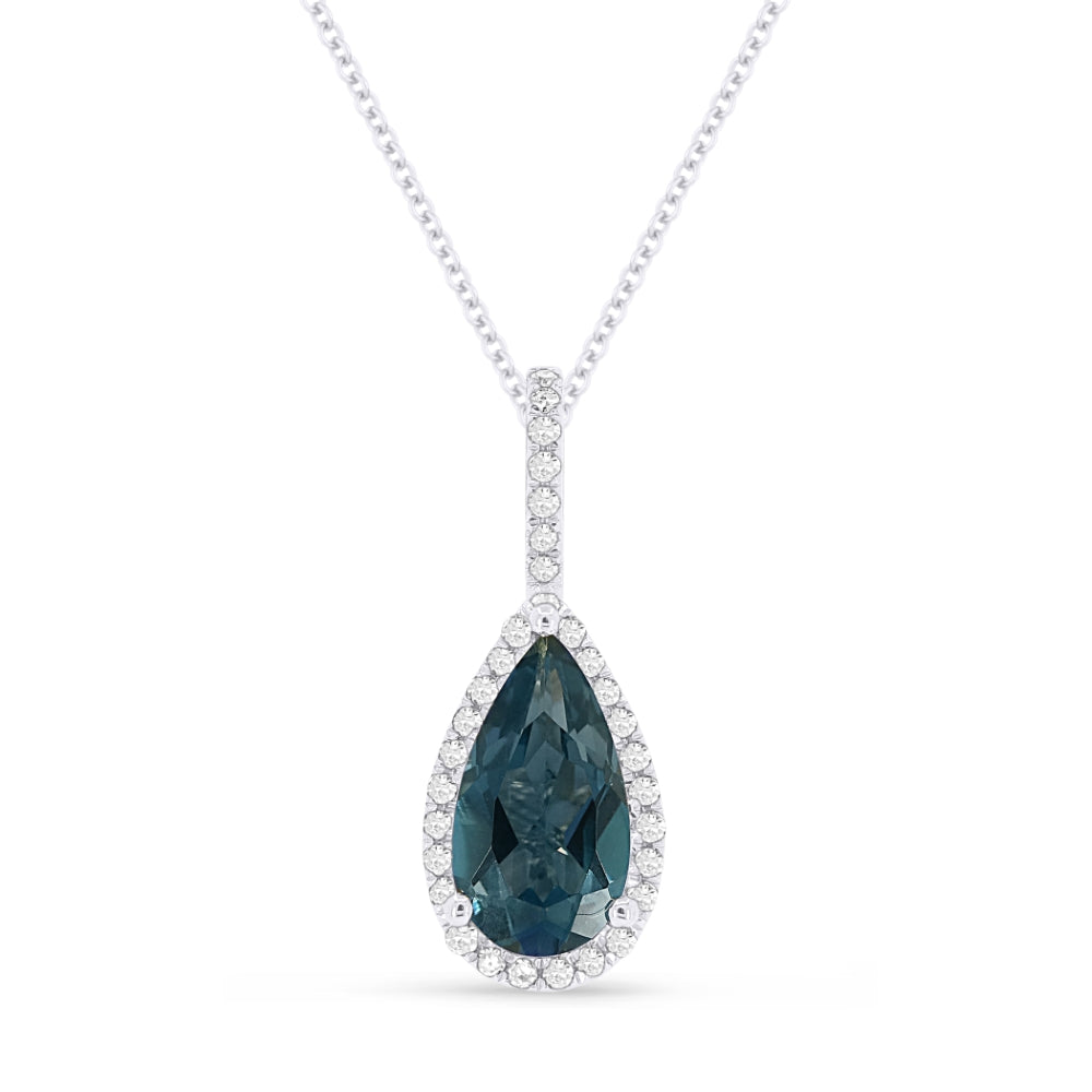 Beautiful Hand Crafted 14K White Gold 5X10MM London Blue Topaz And Diamond Essentials Collection Pendant