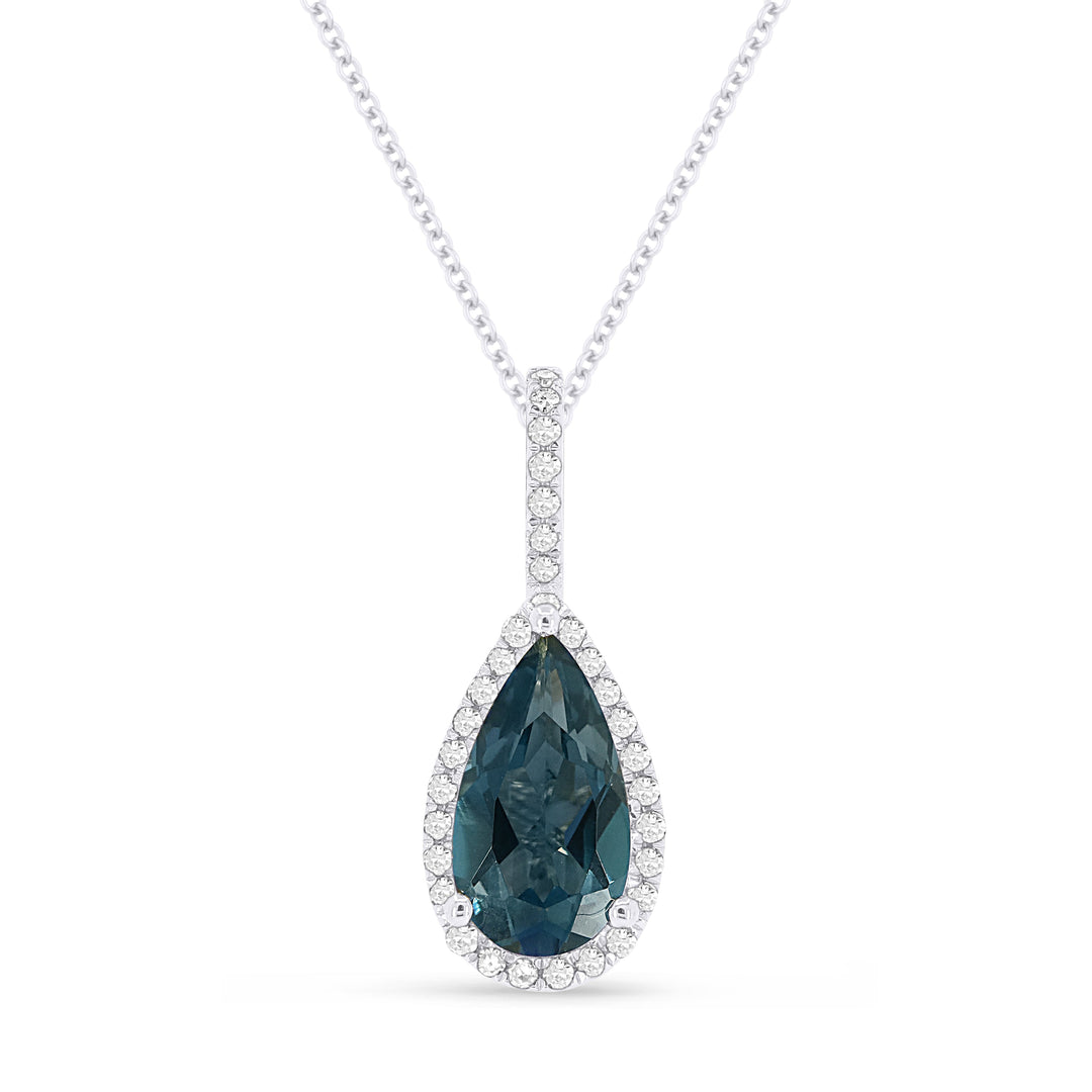 Beautiful Hand Crafted 14K White Gold 5x10MM London Blue Topaz And Diamond Essentials Collection Pendant