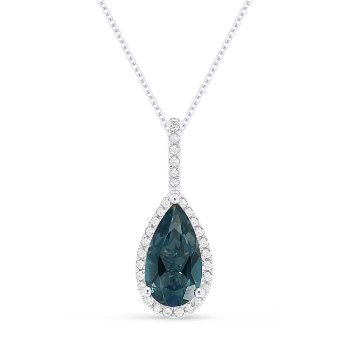 Beautiful Hand Crafted 14K White Gold 5X10MM London Blue Topaz And Diamond Essentials Collection Pendant