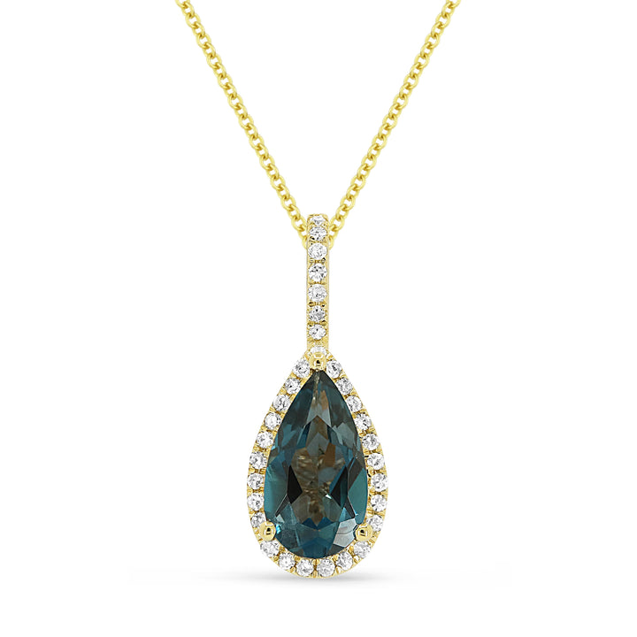 Beautiful Hand Crafted 14K Yellow Gold 5X10MM London Blue Topaz And Diamond Essentials Collection Pendant