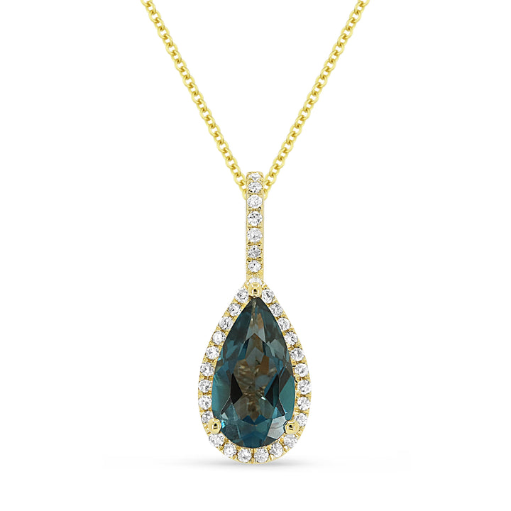 Beautiful Hand Crafted 14K Yellow Gold 5x10MM London Blue Topaz And Diamond Essentials Collection Pendant