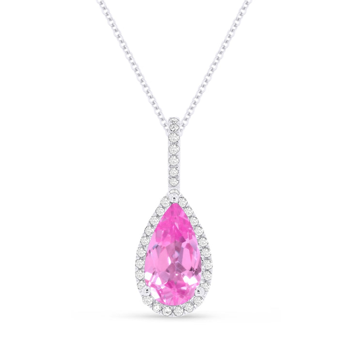 Beautiful Hand Crafted 14K White Gold 5X10MM Created Pink Sapphire And Diamond Essentials Collection Pendant