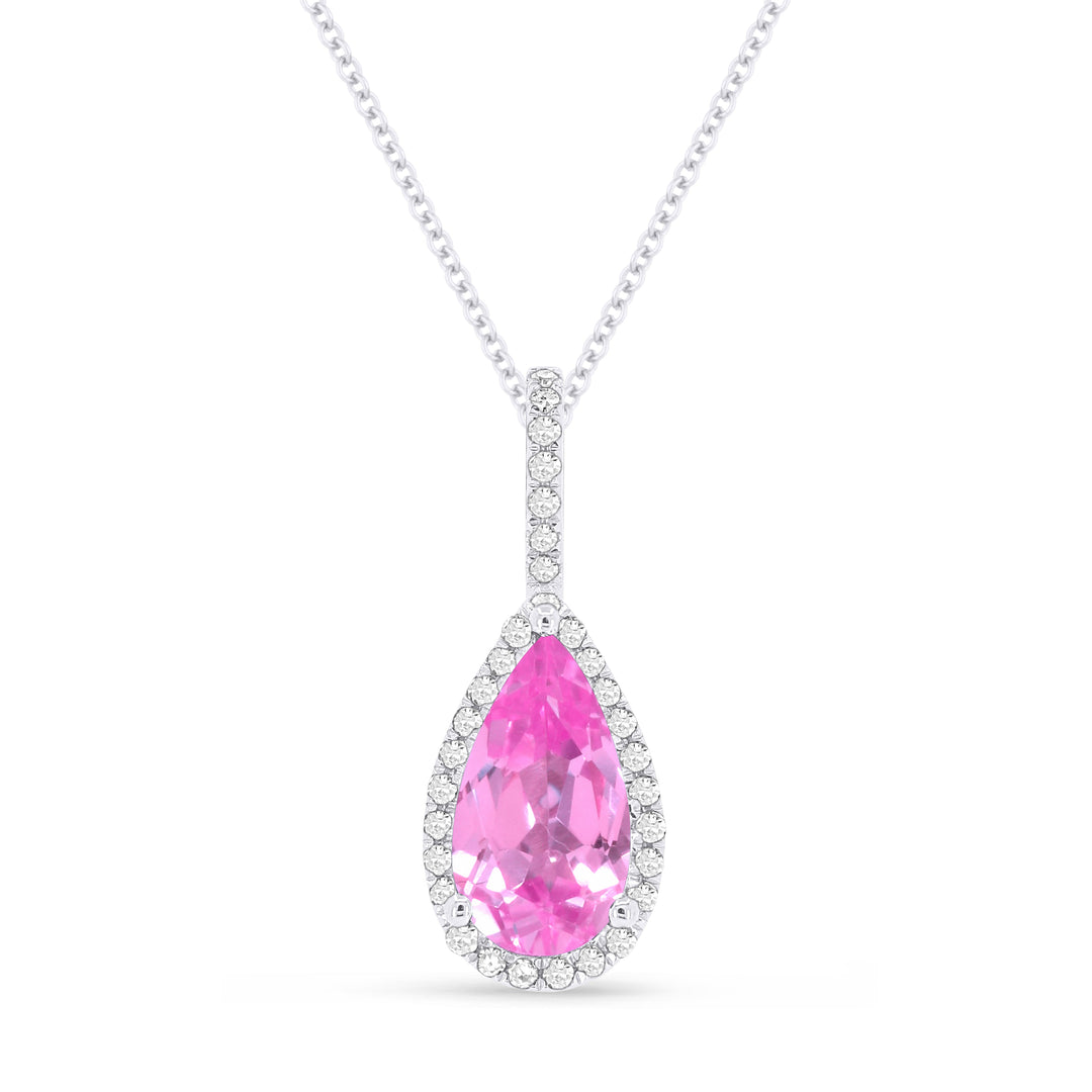 Beautiful Hand Crafted 14K White Gold 5x10MM Created Pink Sapphire And Diamond Essentials Collection Pendant