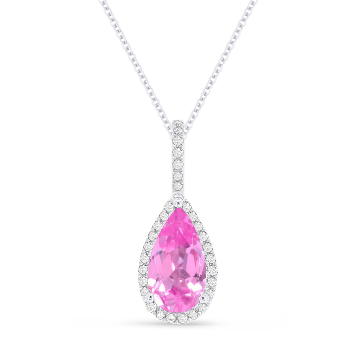 Beautiful Hand Crafted 14K White Gold 5x10MM Created Pink Sapphire And Diamond Essentials Collection Pendant