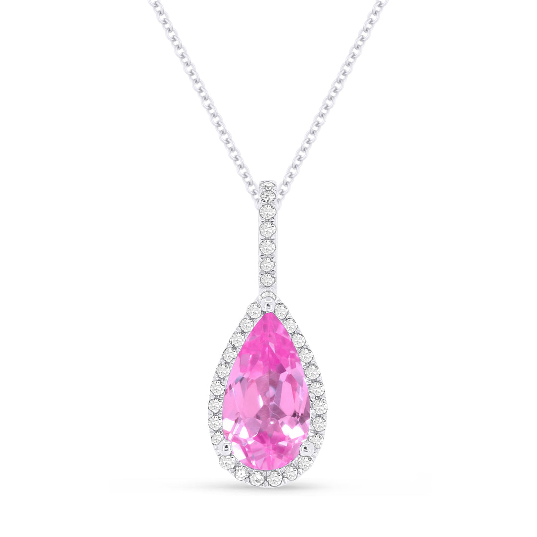 Beautiful Hand Crafted 14K White Gold 5X10MM Created Pink Sapphire And Diamond Essentials Collection Pendant