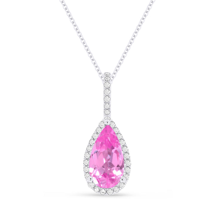 Beautiful Hand Crafted 14K White Gold 5X10MM Created Pink Sapphire And Diamond Essentials Collection Pendant