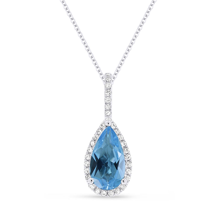 Beautiful Hand Crafted 14K White Gold 5X10MM Swiss Blue Topaz And Diamond Essentials Collection Pendant