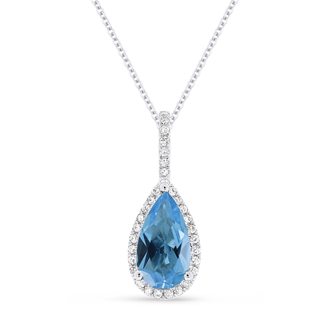 Beautiful Hand Crafted 14K White Gold 5X10MM Swiss Blue Topaz And Diamond Essentials Collection Pendant