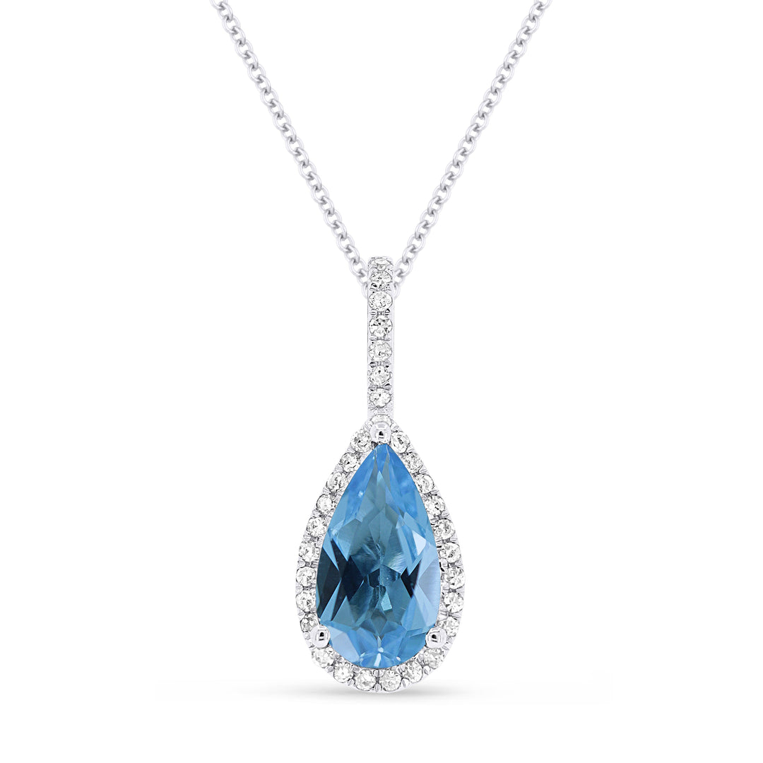 Beautiful Hand Crafted 14K White Gold 5x10MM Swiss Blue Topaz And Diamond Essentials Collection Pendant