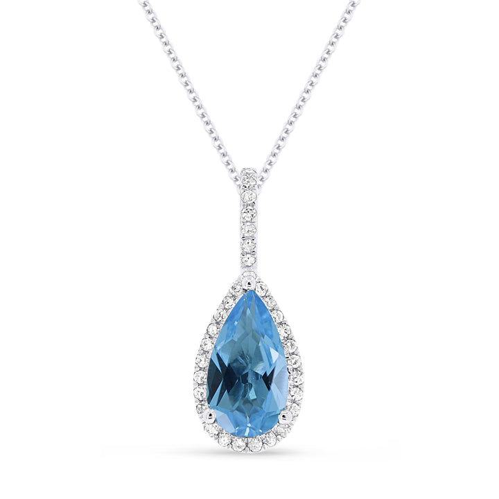Beautiful Hand Crafted 14K White Gold 5x10MM Swiss Blue Topaz And Diamond Essentials Collection Pendant