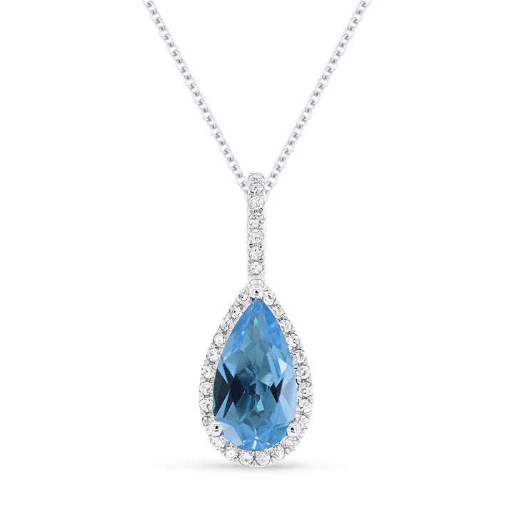 Beautiful Hand Crafted 14K White Gold 5X10MM Swiss Blue Topaz And Diamond Essentials Collection Pendant