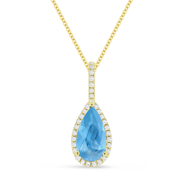 Beautiful Hand Crafted 14K Yellow Gold 5x10MM Swiss Blue Topaz And Diamond Essentials Collection Pendant