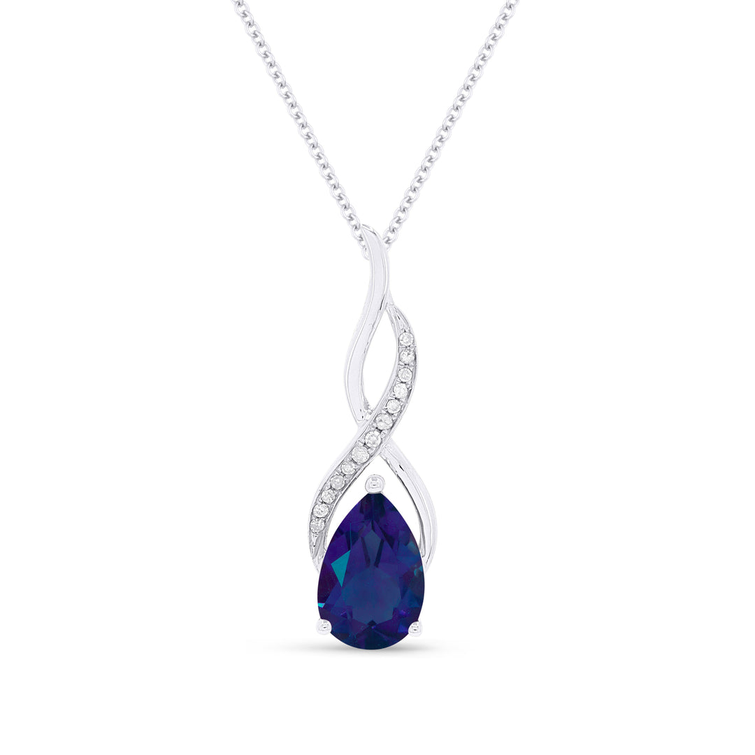 Beautiful Hand Crafted 14K White Gold 6X9MM Created Sapphire And Diamond Essentials Collection Pendant