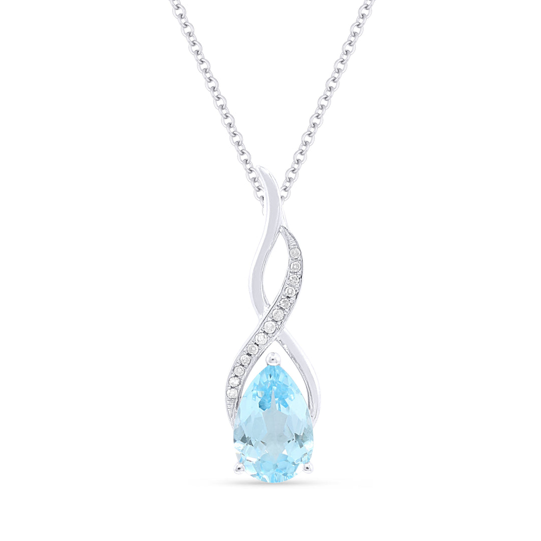 Beautiful Hand Crafted 14K White Gold 6X9MM Blue Topaz And Diamond Essentials Collection Pendant