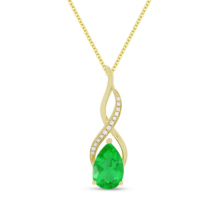 Beautiful Hand Crafted 14K Yellow Gold 6X9MM Created Emerald And Diamond Essentials Collection Pendant