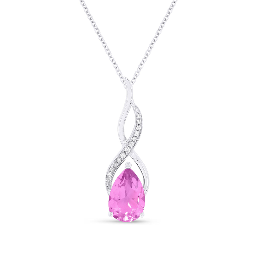 Beautiful Hand Crafted 14K White Gold 6X9MM Created Pink Sapphire And Diamond Essentials Collection Pendant