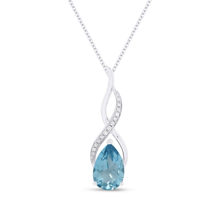 Beautiful Hand Crafted 14K White Gold 6X9MM Swiss Blue Topaz And Diamond Essentials Collection Pendant