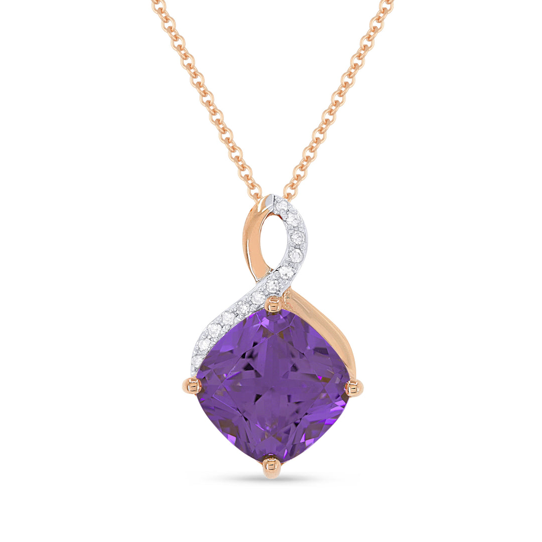 Beautiful Hand Crafted 14K Rose Gold 8MM Amethyst And Diamond Eclectica Collection Pendant