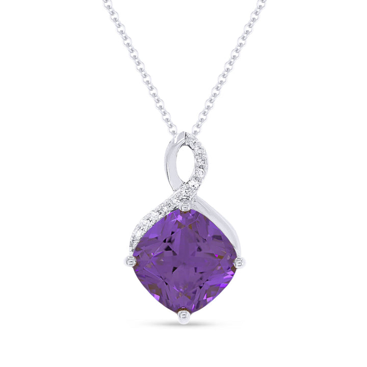 Beautiful Hand Crafted 14K White Gold 8MM Amethyst And Diamond Essentials Collection Pendant