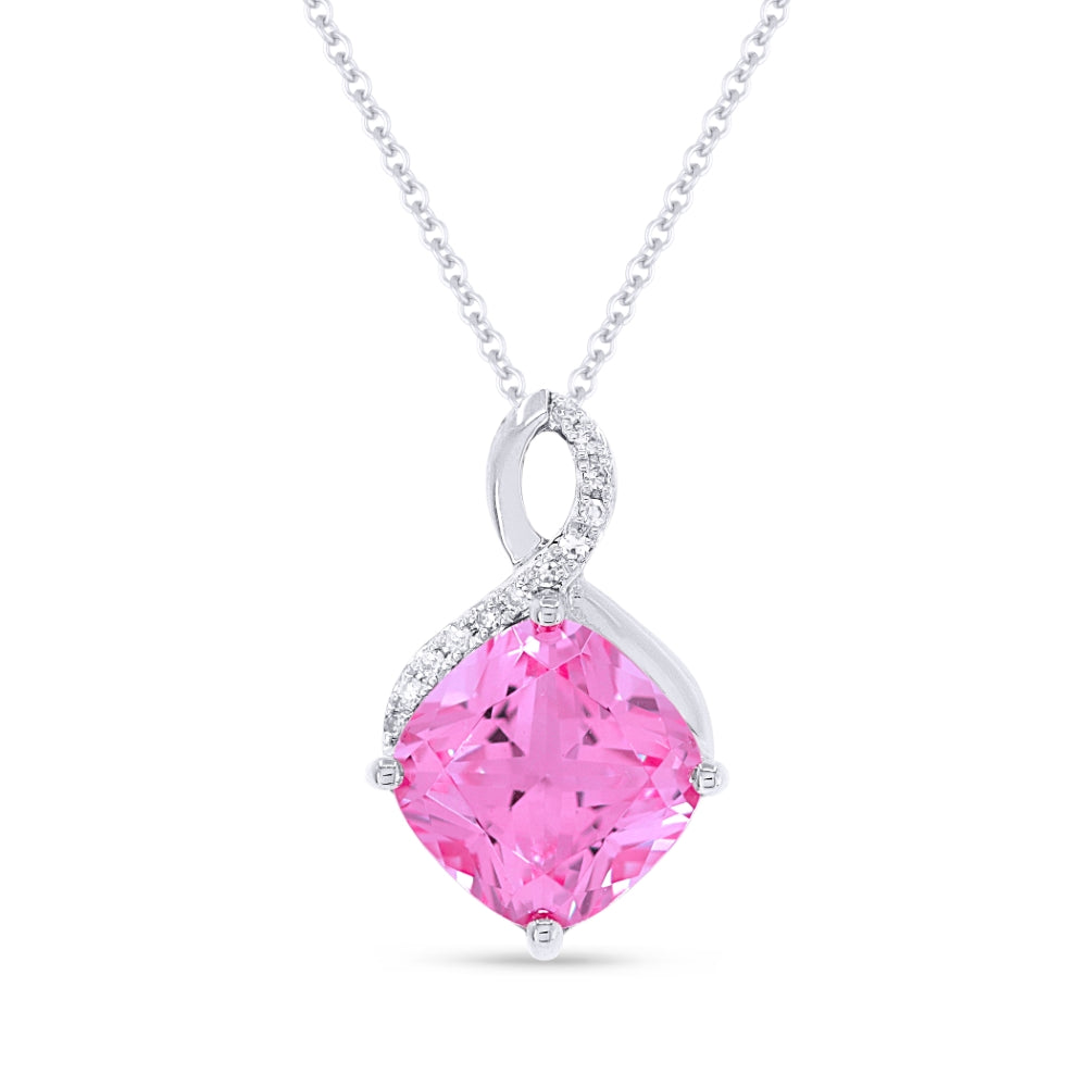 Beautiful Hand Crafted 14K White Gold 8MM Created Pink Sapphire And Diamond Eclectica Collection Pendant