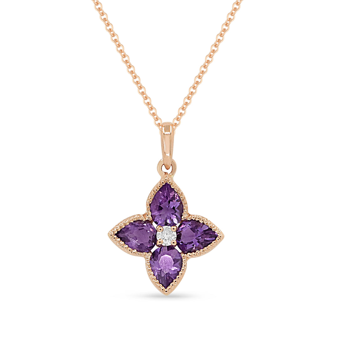 Beautiful Hand Crafted 14K Rose Gold 3X4MM Amethyst And Diamond Essentials Collection Pendant