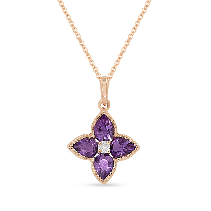 Beautiful Hand Crafted 14K Rose Gold 3X4MM Amethyst And Diamond Essentials Collection Pendant