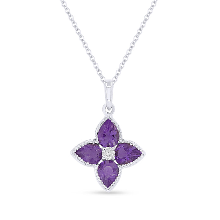 Beautiful Hand Crafted 14K White Gold 3X4MM Amethyst And Diamond Essentials Collection Pendant