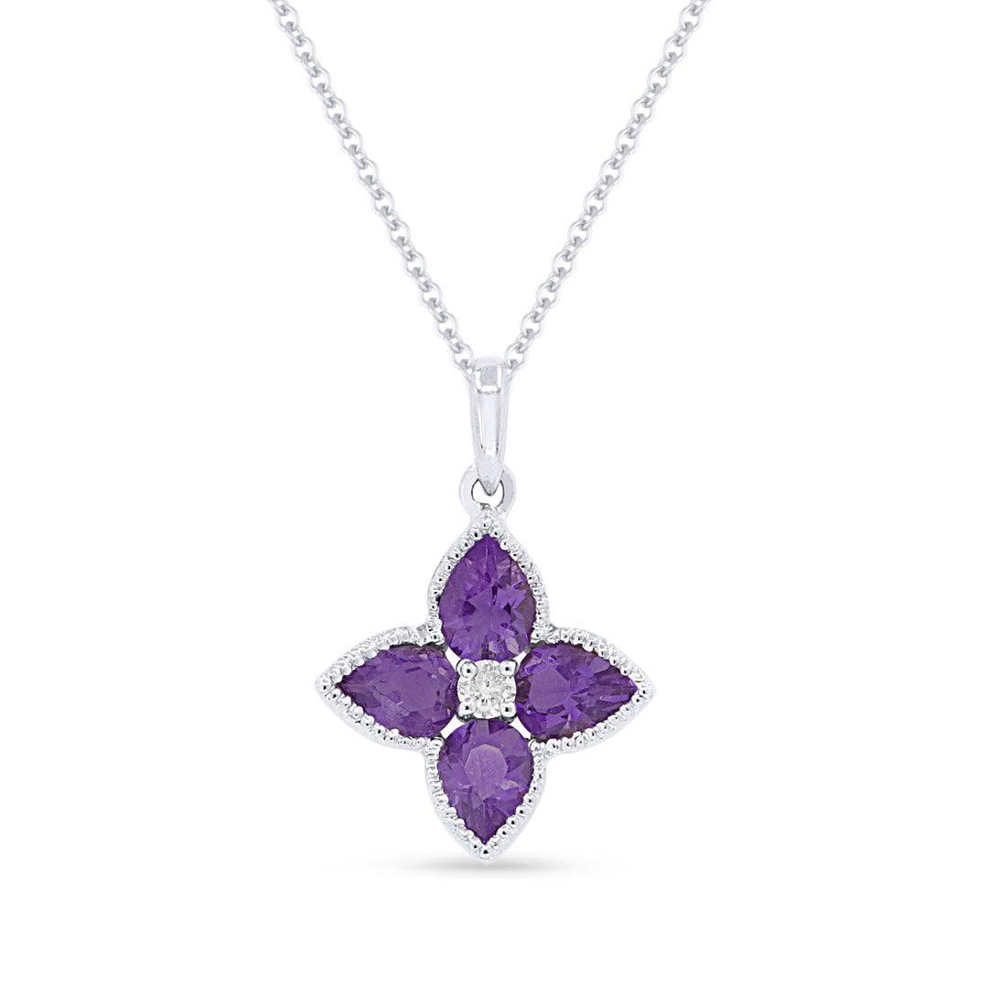 Beautiful Hand Crafted 14K White Gold 3X4MM Amethyst And Diamond Essentials Collection Pendant