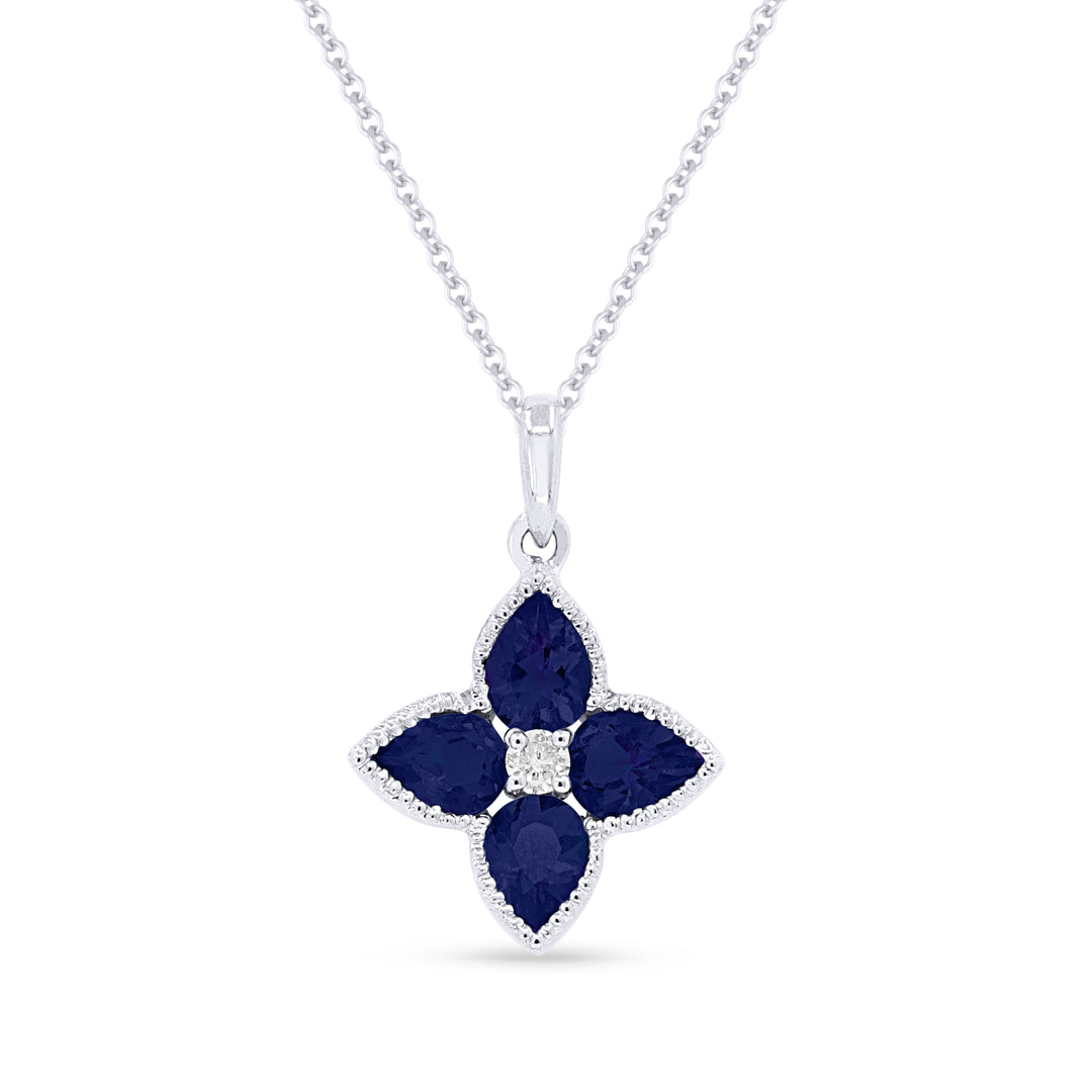 Beautiful Hand Crafted 14K White Gold 3X4MM Created Sapphire And Diamond Essentials Collection Pendant