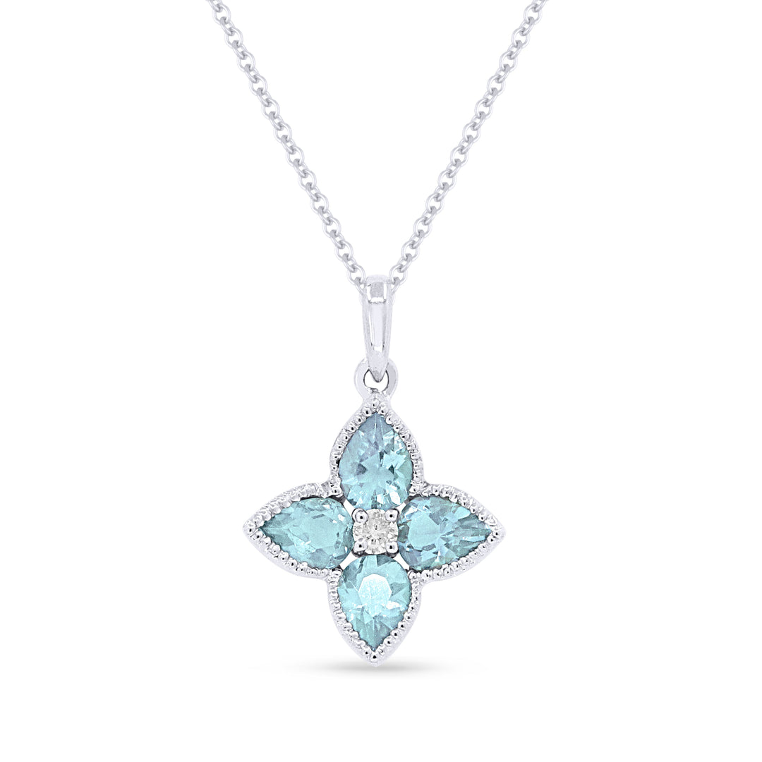 Beautiful Hand Crafted 14K White Gold 3X4MM Blue Topaz And Diamond Essentials Collection Pendant