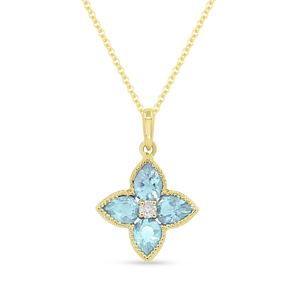 Beautiful Hand Crafted 14K Yellow Gold 3X4MM Blue Topaz And Diamond Essentials Collection Pendant